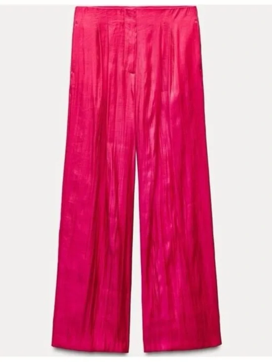 Zara NEW Crinkle Satin Blazer and Wide Leg Trousers SET Fuchsia Pink XS Shiny - Picture 14 of 15